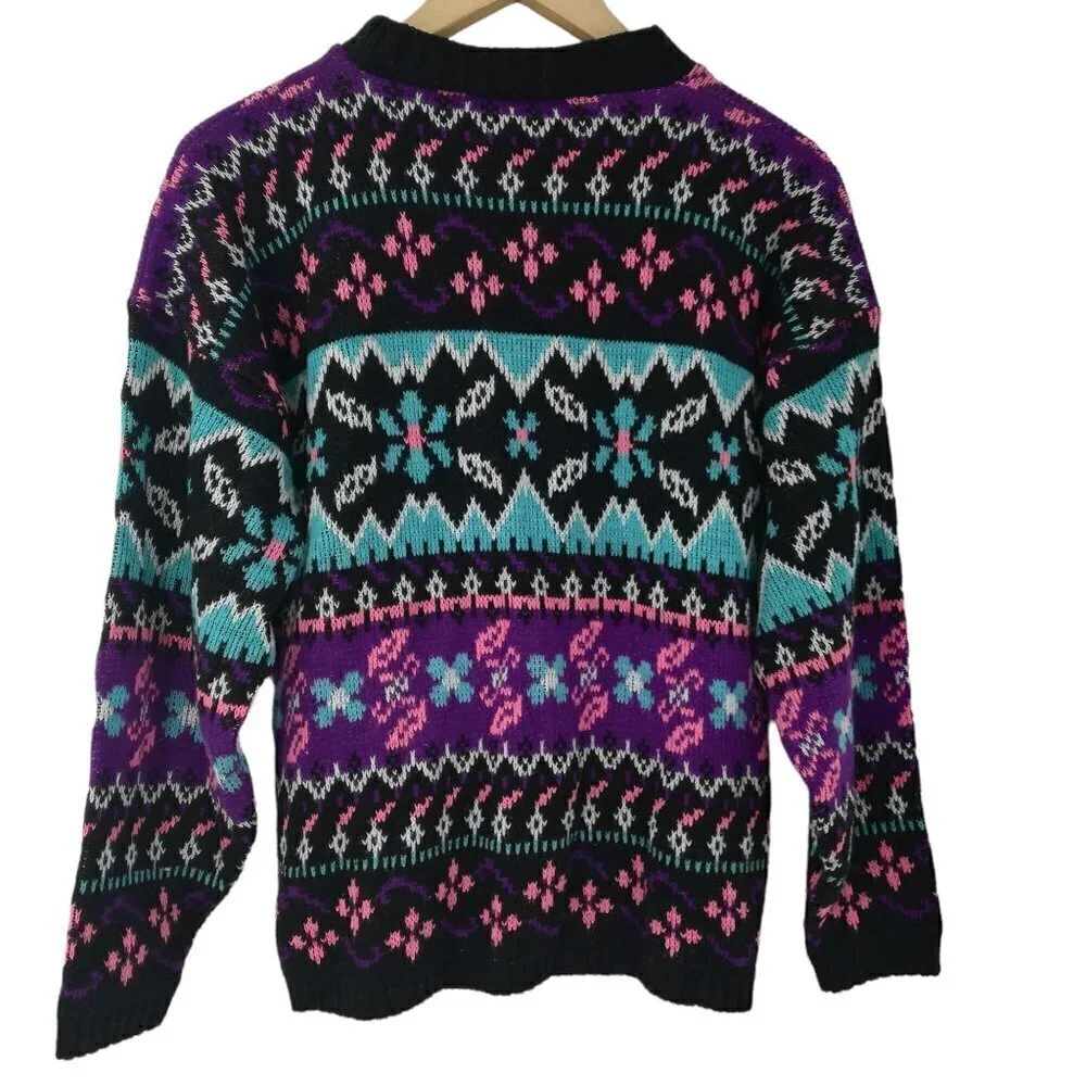 Vintage Stefano Geometric Pullover Sweater Size XL Girls Crew Neck Preppy Flower